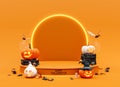 Halloween mockup empty display decorated with carved pumpkins and holiday decoration on orange background with copy space.