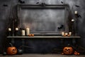 Halloween mockup, shelf with empty frame and holiday decorations. Black frame with pumpkin decor and candles, copy space. AI