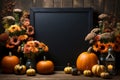 Halloween mockup space with pumpkins, flowers and fallen leaves. Black board