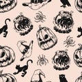 Halloween monochrome seamless pattern