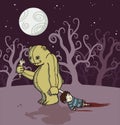 Halloween monster dragging a dead boy