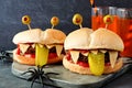 Halloween monster hamburgers, close up scene