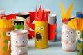 Halloween monsters doll from toilet paper tube. Creative DIY for kids. Home decor for party. Paper handie crafts inspiration. Eco-