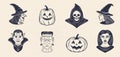 Halloween monsters heads set. Grim Reaper, Witches, Vampires, Monster and Pumpkins icons. Royalty Free Stock Photo
