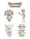 Halloween monsters scary sketch style cartoons set