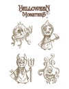 Halloween monsters scary sketch style cartoons set Royalty Free Stock Photo