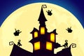 Halloween moon night with flying ghosts and scary cats in a witch castle illustration