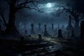 halloween a moonlit cemetery with weathered tombstones ai generated