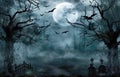 Halloween moonlit night landscape with cemetery and copy space decoration.