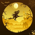 Halloween mountains broom flying witch paper light decoration vector illustration