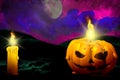 Halloween colorful horror night texture - background design template 3D illustration with lone candle on the left and candle in