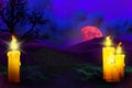Halloween multi colored haunting dark texture - lone candle on the left and many candles on right side, celebration concept -