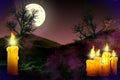 Halloween multi colored horror night mockup - lone candle on the left and many candles on right side, celebration concept -