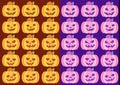 Halloween multicolor carved pumpkins jack o lantern in row background . Cute Pink and yellow pumpkin element cartoon vector