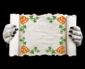 Halloween mummy holding scroll. Space for text.