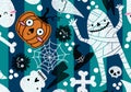 Halloween mummy and pumpkins seamless ghost and bones and skulls and monsters pattern for wrapping paper