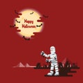 Halloween mummy walking under the moon