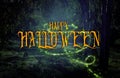 Halloween mysterious background of dark and haunted forest with