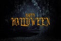 Halloween mysterious background of dark and haunted forest with text.