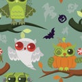 Halloween mystery owls seamless pattern