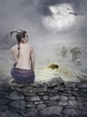 Halloween mystical background with beautiful woman on stone wall