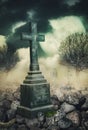 Halloween mystical background with cross at night