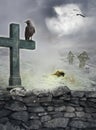 Halloween mystical background with raven, cross on stone wall Royalty Free Stock Photo