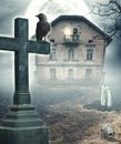 Halloween mystical spooky background with cross and haunted house Royalty Free Stock Photo