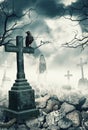 Halloween mystical spooky background with raven and cross