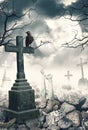 Halloween mystical spooky background with raven and cross Royalty Free Stock Photo