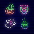 Halloween neon icons collection. Owl and ghost. Pumpkin and witch cauldron. Isolated vector stock illustration Royalty Free Stock Photo