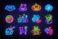 Halloween neon icons set. Happy Halloween collection light signs. Sign boards, light banner. Neon isolated icon, emblem