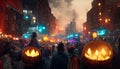 Halloween in New York. Night carnival on the street. People in masks and costumes