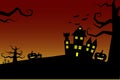 Halloween night background castle with bloody sky