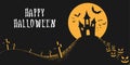 Halloween night background with castle, full moon, scary pumpkin