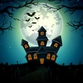 Halloween night background with castle in graveyard Royalty Free Stock Photo