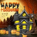 Halloween night background with church and scary pumpkins Royalty Free Stock Photo