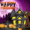 Halloween night background with church and scary pumpkins Royalty Free Stock Photo