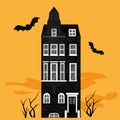 Halloween night background with creepy castle and bats banner, greeting card, party poster. Spooky mansion silhouette Royalty Free Stock Photo