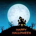 Halloween night background with creepy castle in cemetery on white full moon