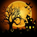 Halloween night background with creepy castle and graveyard Royalty Free Stock Photo