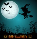 Halloween night background with flying little girl witch in broomstick on the cemetery Royalty Free Stock Photo