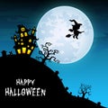 Halloween night background with flying witch and castle on the full moon Royalty Free Stock Photo
