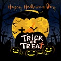 Halloween night Background with Full moon, bats flying, Graveyard and Happy Halloween day, Trick or Treat text on black pumpkin, Royalty Free Stock Photo