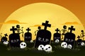 Halloween night background with a full moon, a cemetery and skeletons running away Royalty Free Stock Photo