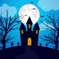 Halloween night background. Haunted house and full moon. Vector banner Royalty Free Stock Photo