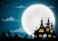 Halloween night background, haunted house and full moon.Vector Royalty Free Stock Photo