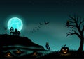 Halloween night background landscape with stars,moon,pumpkins and castle Royalty Free Stock Photo