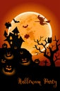 Halloween night background with a moon, haunted house, cemetery, pumpkins and a flying witch Royalty Free Stock Photo
