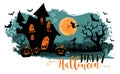 Halloween night background with a moon, haunted house, cemetery, pumpkins and a flying witch Royalty Free Stock Photo